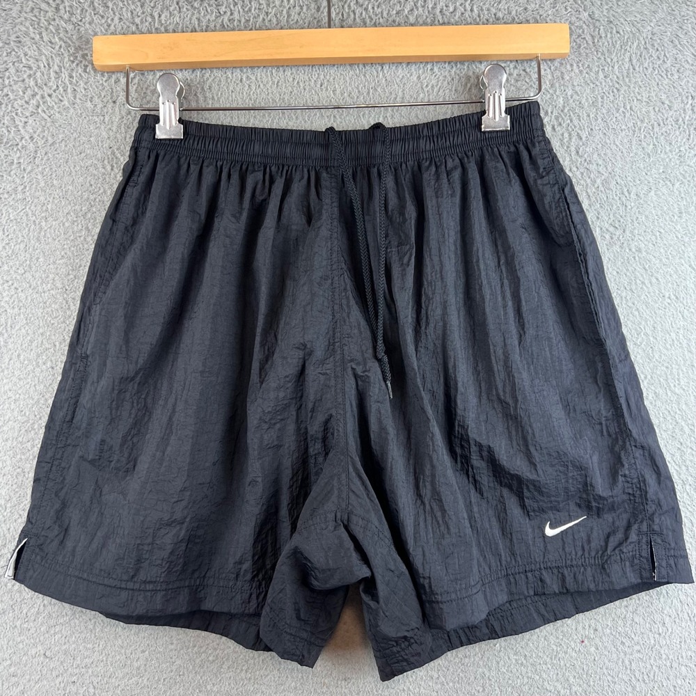 Vintage Nike Youth XL 16-18 Black Nylon Athletic Shorts Drawstring Swoosh